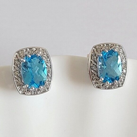 Vintage 14K White Gold Diamond Blue Topaz Square Cushion Cut Halo Stud Earrings - Picture 1 of 12